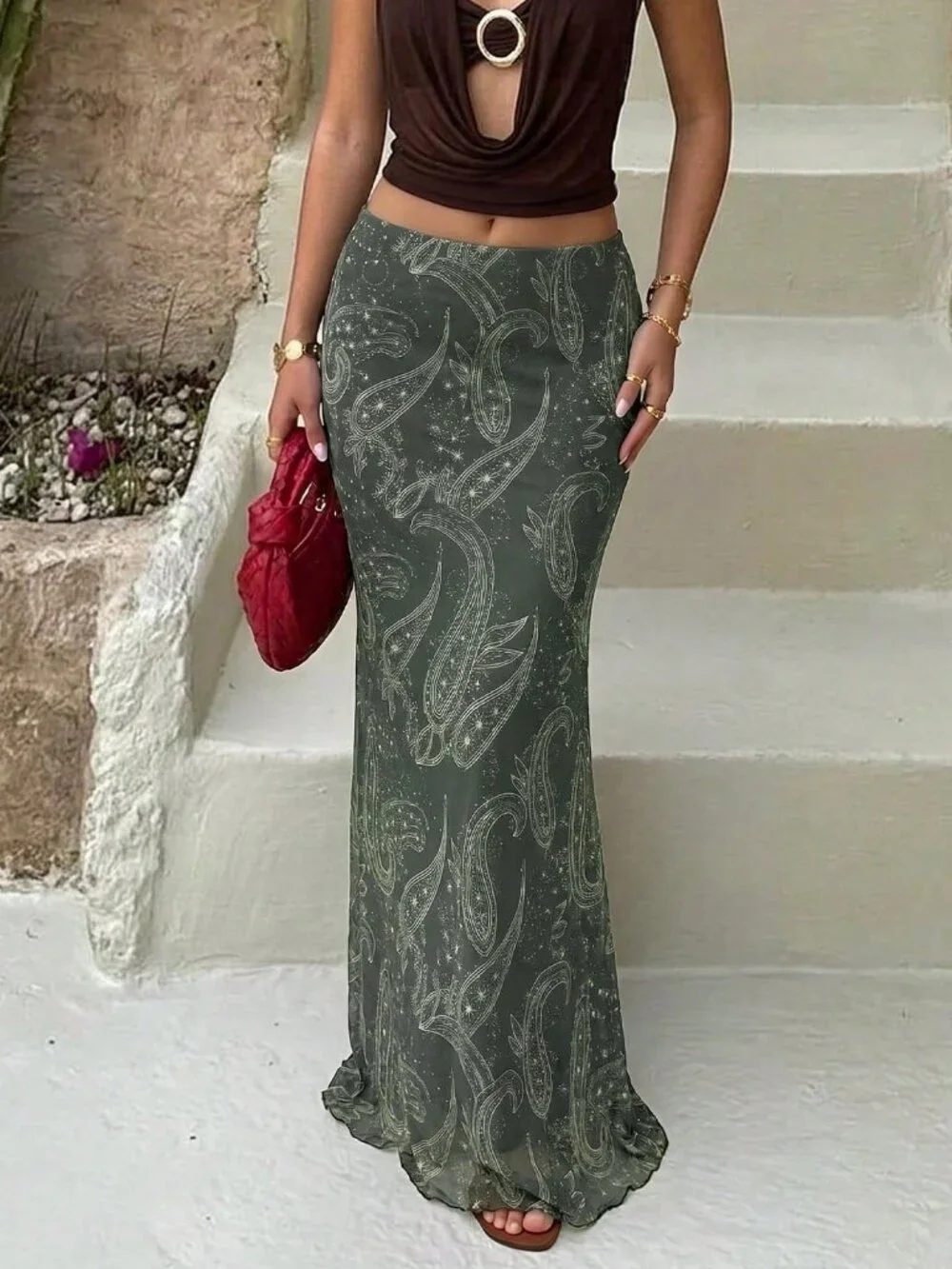 Olive Green Boho Women's Elegant Ruched Low Waist Mermaid Skirt